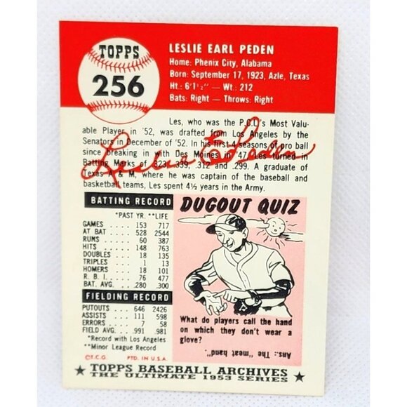 Les Peden Washington Senators Catcher 1953 Topps Baseball Card - Vintage Reprint - Picture 2 of 5